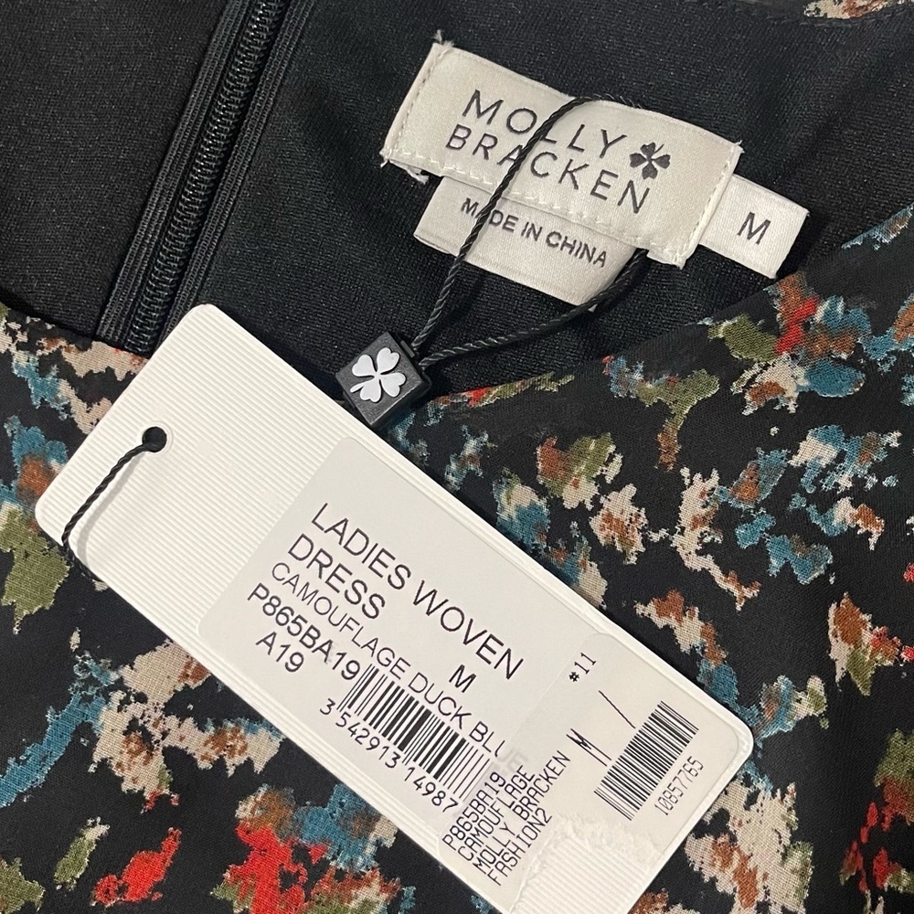 NEW Molly Bracken Sz Medium Black Multicolor Camo Duck Floral Velvet Trim Dress - Picture 4 of 5